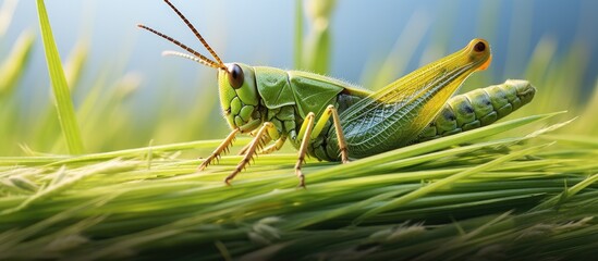 Aufkleber - Vibrant Grasshopper Perched on a Green Blade of Grass in a Sunny Meadow