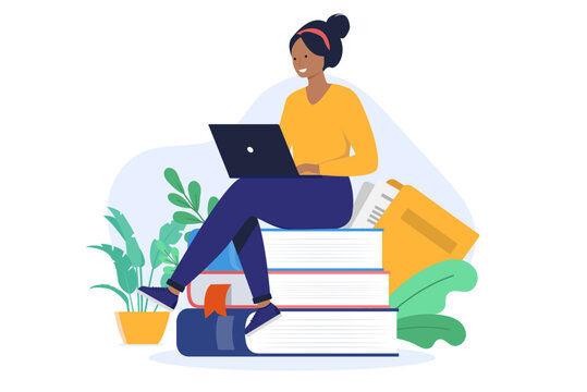 Woman studying on laptop - Female person sitting with computer in lap on top of stack of books. Student and education concept in flat design vector illustration with white background