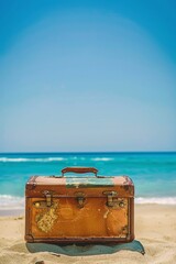 Poster - Old Suitcase on Beach With Ocean Background