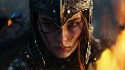 Wall Mural - Dressed in intricate armor, the warrior gazes directly at the camera with a piercing stare. The sparks around her add to the mystical atmosphere, making her appear even more powerful and