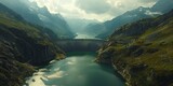 Fototapeta  - Swiss mountain hydroelectricity reservoir dam generating renewable energy and reducing global warming aerial view decarbonization in summer.