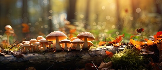 Poster - Vibrant Display of Autumn Mushrooms Among Dappled Light in the Enchanted Forest
