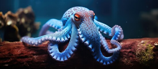 Poster - Mystical Blue Octopus with Piercing Red Eye Perched on Rocky Surface