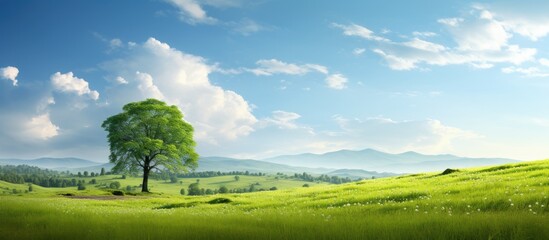 Aufkleber - Majestic Oak Tree Stands Tall in Vast Summer Field Amidst Lush Greenery