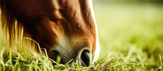 Poster - Majestic Stallion Grazing Serenely in a Lush Green Pasture under Blue Sky