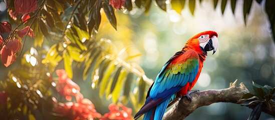 Poster - Vibrant Macaw Enjoys a Peaceful Moment, Perched on Lush Tropical Garden Branch