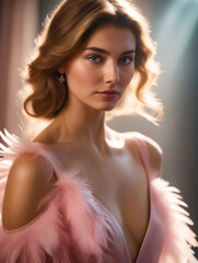 Canvas Print - A woman in a pink dress with feathers on it poses for a photo. The image has a soft, romantic mood, and the woman's beauty is emphasized by the pink dress and the feathers