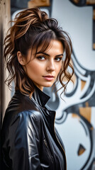 Poster - A woman with long brown hair is wearing a black leather jacket and standing in front of a graffiti wall