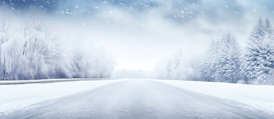Poster - Tranquil Winter Scene: Empty Snow-Covered Road Flanked by Trees in a Snowstorm