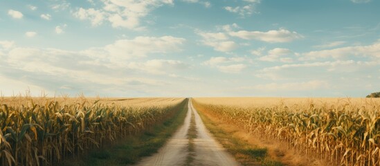 Canvas Print - Tranquil Dirt Road Meandering Through Lush Wheat Field Under Clear Blue Sky