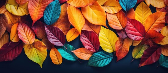 Poster - Vibrant Fall Foliage: Colorful Autumn Leaves Displayed Against Dramatic Black Background