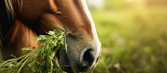 Poster - Graceful horse grazing on vibrant green grass in a tranquil rural field