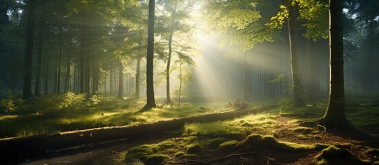Fototapete - A Tranquil Forest Scene with Radiant Sunbeam Piercing Through Lush Foliage