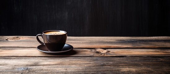 Aufkleber - Steaming Cup of Coffee Resting on Aged Wooden Table, A Warm Morning Start