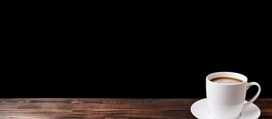 Aufkleber - Invigorating Morning Ritual: Hot Coffee Cup on Rustic Table with Menu Blackboard in Cozy Café Setting