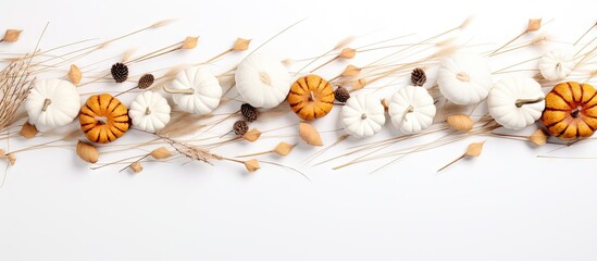 Chic Autumn Decorative Frame with White Pumpkins and Festuca Grass on White Background