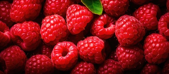 Aufkleber - Vibrant Bunch of Fresh Red Raspberries with Lush Green Leaves for a Healthy Diet Concept