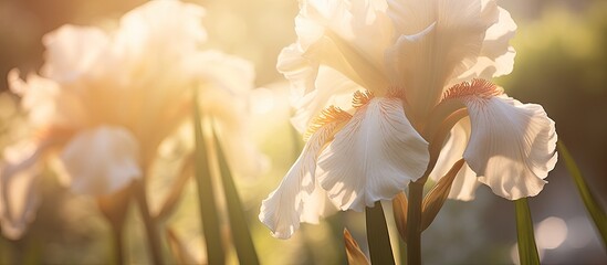 Poster - Delicate Light Beige Iris Flower Basks in Warm Sunlight with Captivating Beauty