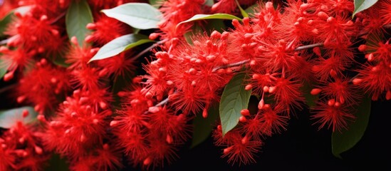Poster - Vibrant Red Combretum Indicum Flower Blossoming in Beautiful Natural Setting