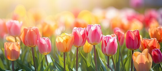 Fototapete - Vibrant Tulip Field Blooming in Springtime Garden - Colorful Nature Beauty