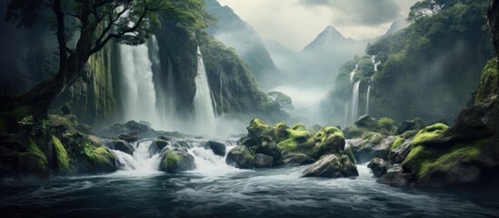 Poster - Spectacular Waterfall Cascading in the Heart of the River Surrounded by Lush Nature
