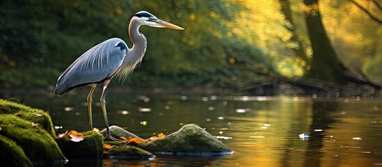 Poster - Graceful Grey Heron Perched on Rock, Hunting for Prey in Serene River Landscape