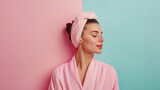Fototapeta Do akwarium - Happy joyful girl in spa salon isolated on pastel color