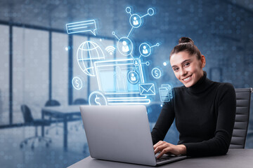 Aufkleber - Happy young european female using laptop with abstract glowing seo hologram on blurry office interior background. Search engine optimization and technology concept. Double exposure.