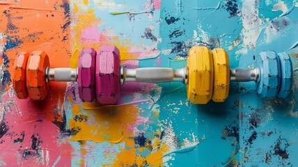 Colorful collage with painted dumbbells on painted background. Fitness, healthy lifestyle, bodybuilding and diversity concept. Poster painted with rainbow colors.