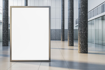 Poster - Contemporary empty white poster in interior with glass partitions, columns and concrete flooring. Mock up, 3D Rendering.