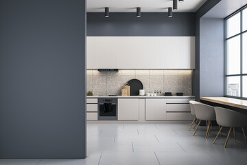 Poster - Modern kitchen interior with blank mock up place on wall, window and city view, daylight, furniture and equipment. 3D Rendering.