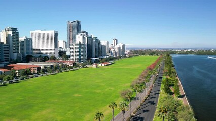 Wall Mural - Perth skyline, Western Australia. Beautiful aerial view of city skyline along the river