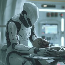 A Futuristic Robot Is Holding A Human Body In A Hospital Bed. Generative AI.