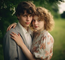 Poster - A young man and woman posing for a picture in a field. Generative AI.