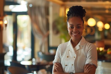 A female chef stands facing the camera