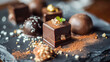 Homemade chocolate candies with cocoa, nuts and dried fruits. Vegan, healthy dessert. Close up, selective focus. delicious chocolate pralines. dieting dessert recipe