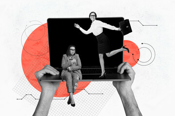 Poster - Composite collage image of hands hold netbook two nervous happy office girls worker remote working fantasy billboard comics zine minimal