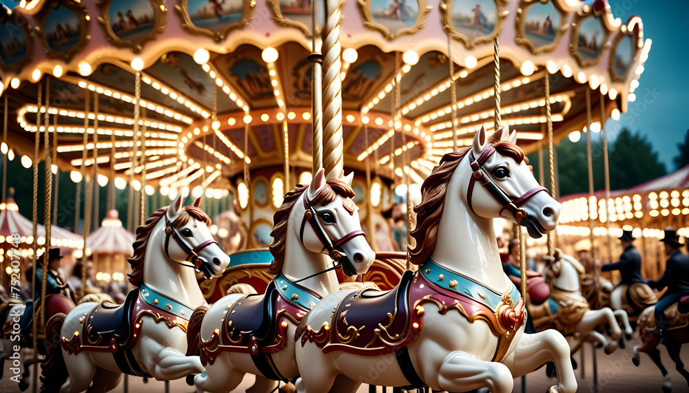 Carousel With Rider Old-fashioned carousel spinning with joyous riders Stock Illustration ...