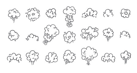 Wall Mural - Smoke puff clouds icons set. Silhouettes of gas and steam explosion with speed trails, dust and fumes bubbles of round frame. Smoke in air collection of icons of doodle style vector illustration