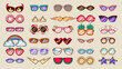© Victoria Sergeeva - Groovy cartoon sunglasses set. Funny retro eyeglasses with different color and shape, trendy colorful accessory for hippy party, sunglasses stickers collection of 60s 70s style vector illustration