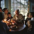 © Kmikhidov - An elderly man sits at a table, surrounded by smiling grandchildren. He holds a gift in his hands, while a birthday cake with lit candles is placed nearby