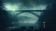 A beautiful arched bridge over a river in the fog against a dark sky. Generated by artificial intelligence
