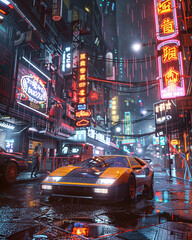 Wall Mural - Retro style sports car on a rainy street at night in an Asian city