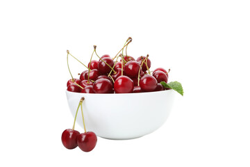 Sticker - PNG,ripe cherry fruits in a bowl, isolated on white background