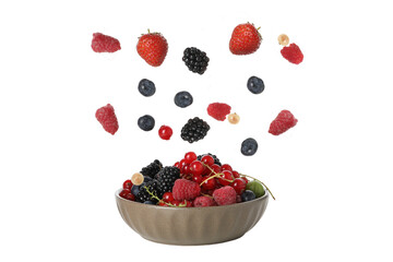 Sticker - PNG, plate with levitating berries isolated on white background.