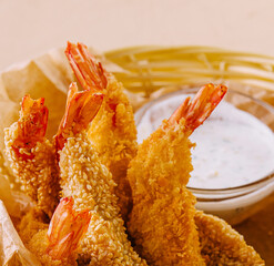 Wall Mural - Tempura Shrimps in wood basket on the table