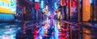 Illustrate a bustling street scene in a Japanese city at night, with vibrant neon signs casting colorful reflections on wet pavement and traditional lanterns adding a touch of tradition.