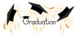 Throwing square academic caps with tassels on background of fireworks. Graduation ceremony. Vector illustration