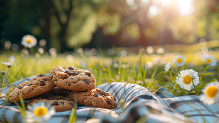 cookies on picnic blanket, outdoor, spring background