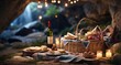 Create a close-up photograph of a picnic spread on a cave floor, showcasing ultra-realistic details of the food, beverages, and decorative elements. Pay attention to the textures -Ai Generative